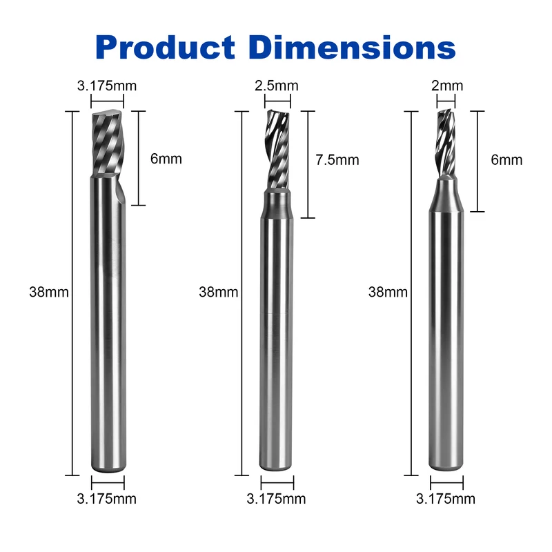 Twotrees Solid Carbide Single Flute Spiral End Mill Set 3PCS
