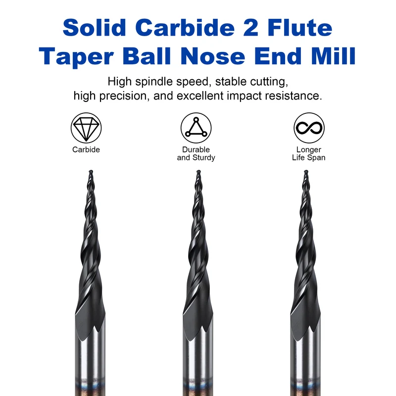 Twotrees Solid Carbide 2 Flute Spiral Tapered Ball Nose End Mill Set 3PCS