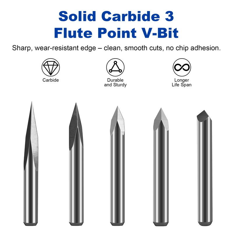 Twotrees Solid Carbide 3 Flute Point V-Bit Set