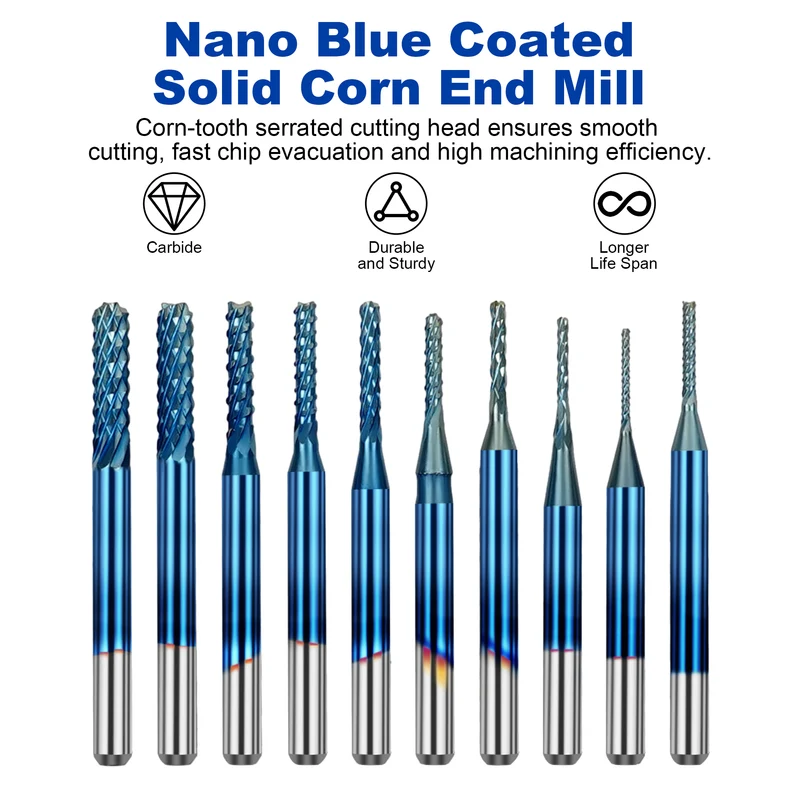 Twotrees Nano Blue Coated Solid Carbide Corn End Mill Set 10PCS