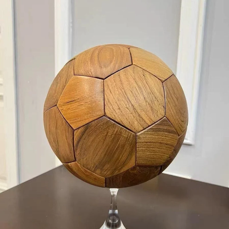 Solid Walnut & Teak Wooden Soccer Ball Ornament with Display Stand, Desktop Decor Gift for Soccer Fans