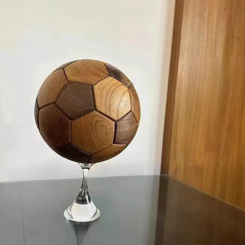 Solid Walnut & Teak Wooden Soccer Ball Ornament with Display Stand, Desktop Decor Gift for Soccer Fans