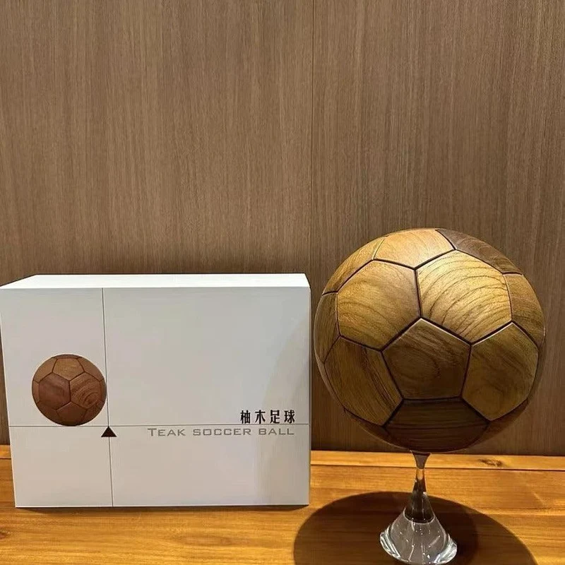 Solid Walnut & Teak Wooden Soccer Ball Ornament with Display Stand, Desktop Decor Gift for Soccer Fans