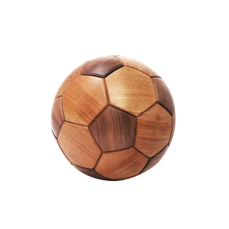 Solid Walnut & Teak Wooden Soccer Ball Ornament with Display Stand, Desktop Decor Gift for Soccer Fans