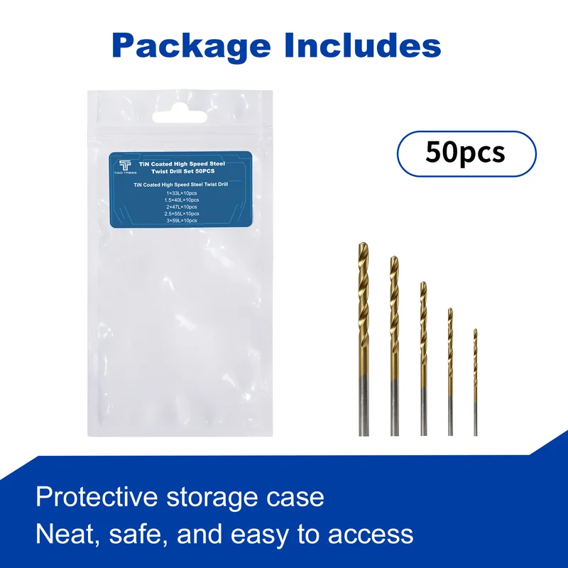 Twotrees TiN Coated High Speed Steel Twist Drill Set 50PCS