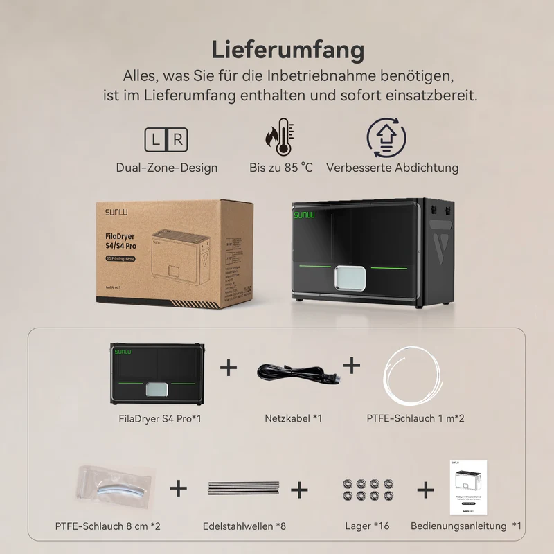 SUNLU FilaDryer S4 Pro, Zwei-Zonen-Filamenttrockner mit unabhängiger Temperatur- und Zeitsteuerung, max. 85 °C Temperatur, Trocknen & Tempern (Annealing) 2-in-1, passend für 4 × 1 kg Filament-Spulen