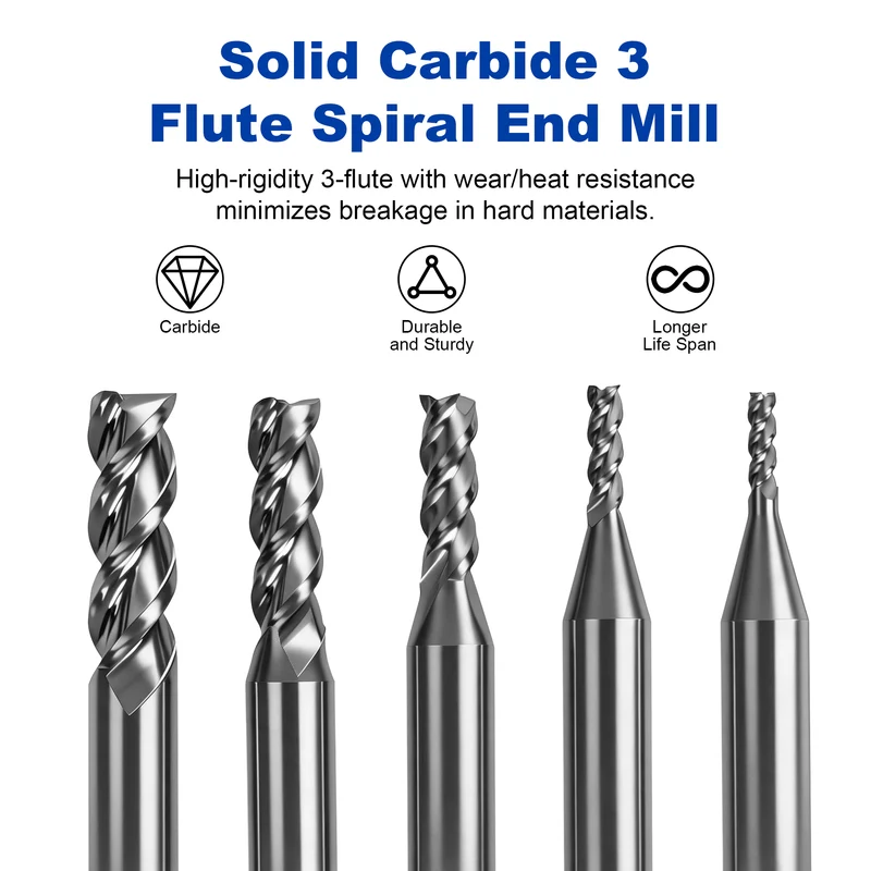 Twotrees Solid Carbide 3 Flute Spiral End Mill Set 5PCS