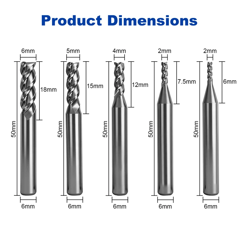 Twotrees Solid Carbide 3 Flute Spiral End Mill Set 5PCS