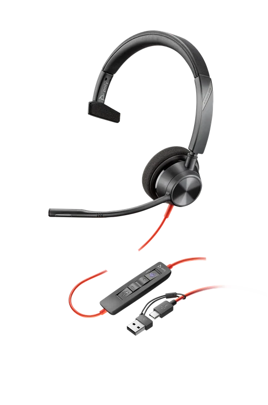 HP Poly Blackwire 3310 Monaurales USB-C-Headset, für Microsoft Teams zertifiziert, + USB-C/A-Adapter Schwarz
