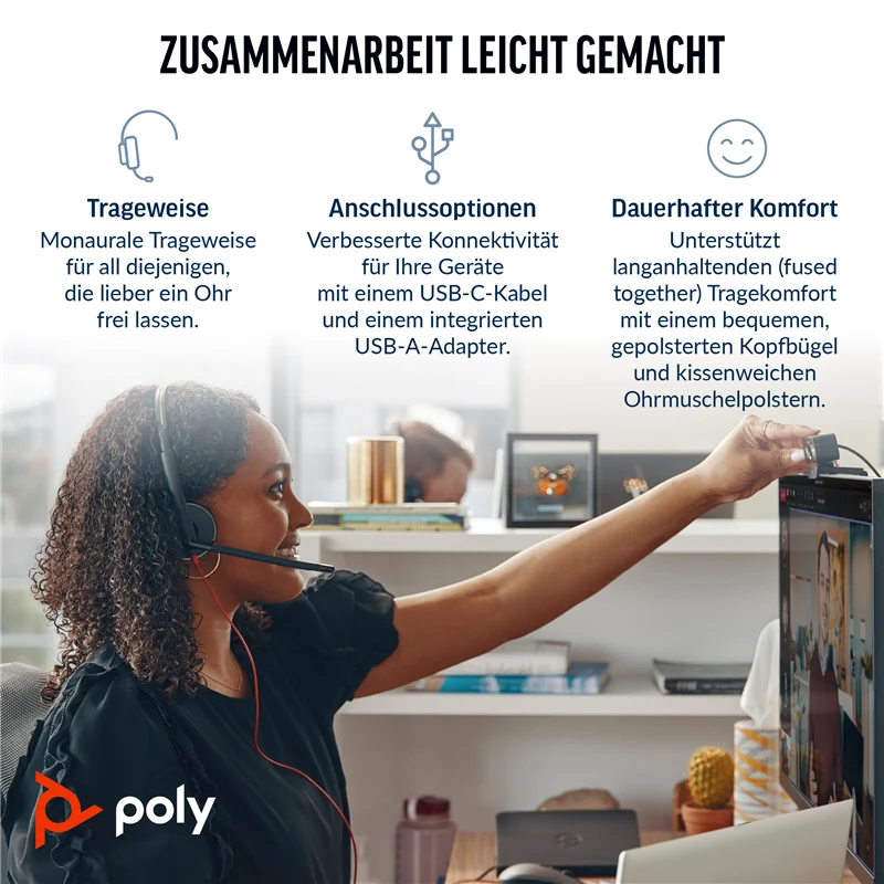 HP Poly Blackwire 3310 Monaurales USB-C-Headset, für Microsoft Teams zertifiziert, + USB-C/A-Adapter Schwarz