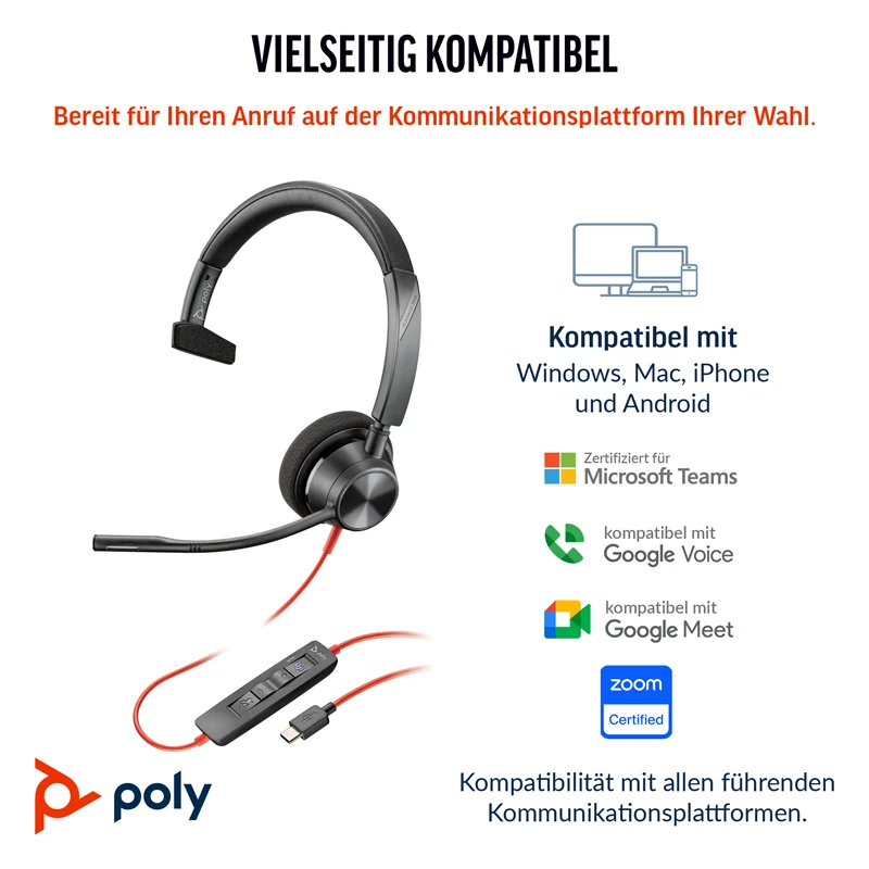 HP Poly Blackwire 3310 Monaurales USB-C-Headset, für Microsoft Teams zertifiziert, + USB-C/A-Adapter Schwarz