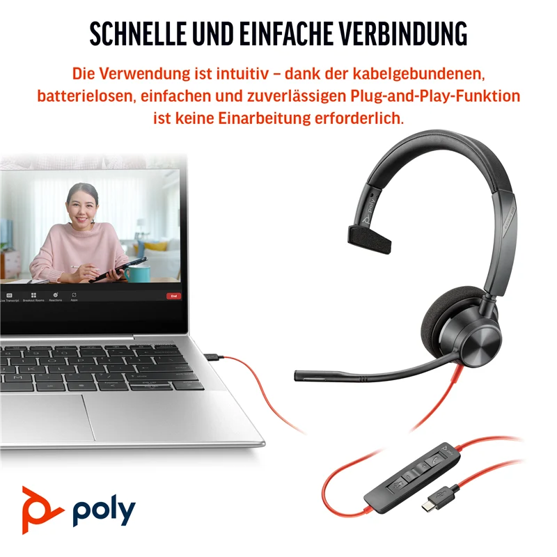 HP Poly Blackwire 3310 Monaurales USB-C-Headset, für Microsoft Teams zertifiziert, + USB-C/A-Adapter Schwarz