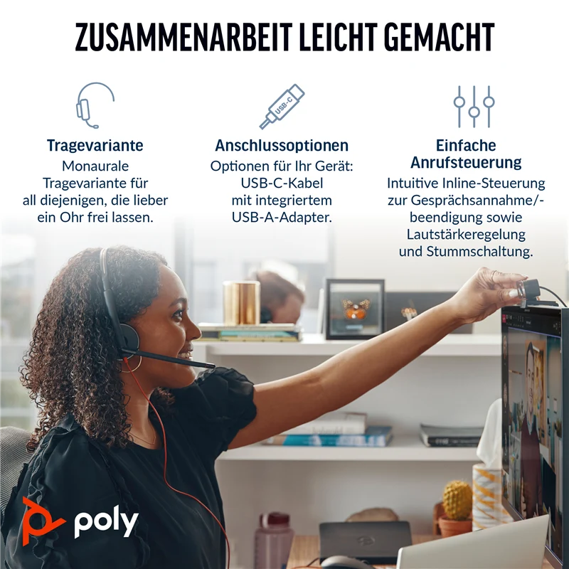 HP Poly Blackwire 3210 Mono USB-C Headset schwarz +USB-C/A Adapter Schwarz