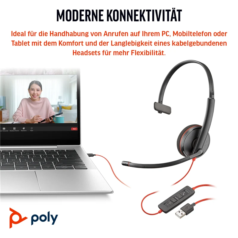 HP Poly Blackwire 3210 Mono USB-C Headset schwarz +USB-C/A Adapter Schwarz