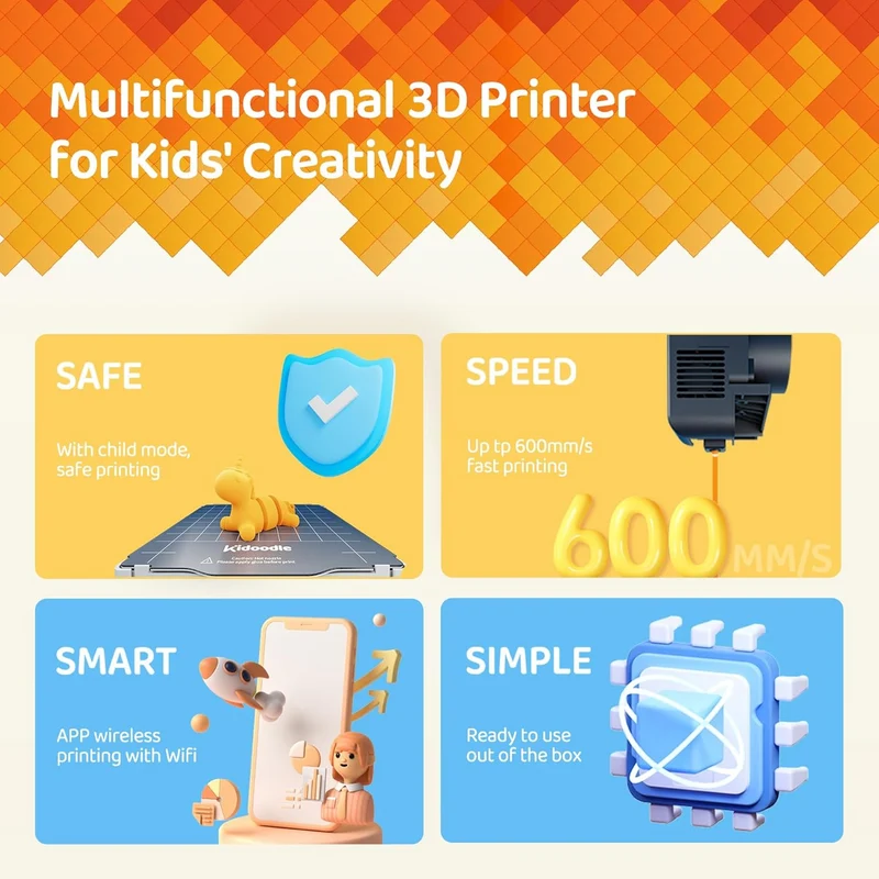 Kidoodle MiniBox A1: 3D-Drucker für Kinder, Entfesseln Sie Ihre Kreativität mit Kidoodle, 600mm/s hohe Geschwindigkeit, AutoLiv/Design Safe for Kids/5“ Touchscreen, Wi-Fi/App-Steuerung