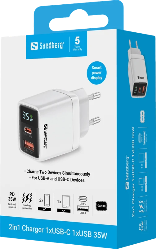 Sandberg 2in1 USB-C/A Schnellladeadapter 35W Weiss
