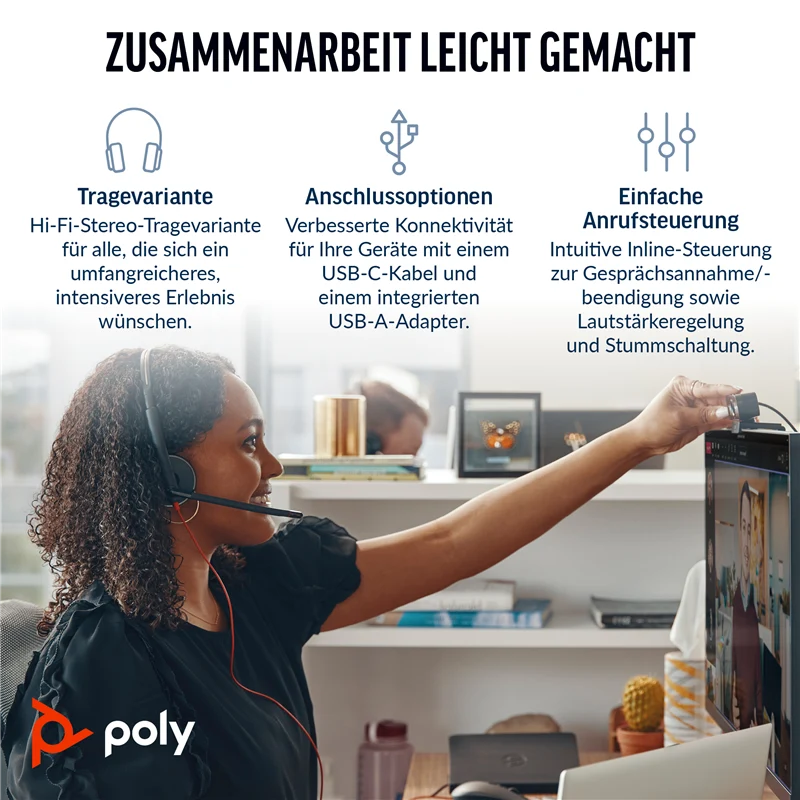 HP Poly Blackwire 3220 Stereo USB-C Headset schwarz +USB-C/A Adapter Schwarz