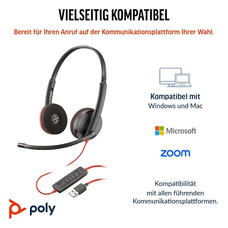 HP Poly Blackwire 3220 Stereo USB-C Headset schwarz +USB-C/A Adapter Schwarz