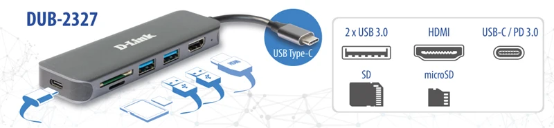D-Link DUB-2327 6-In-1 USB-C Hub mit HDMI/Kartenleser/USB-C Ladeanschluss Grau
