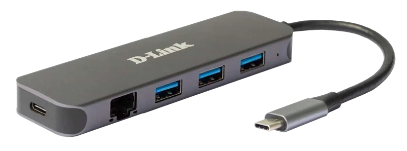 D-Link 5-In-1 USB-C Hub mit Gigabit-Ethernet/Stromversorgung Grau