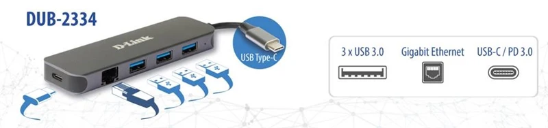 D-Link 5-In-1 USB-C Hub mit Gigabit-Ethernet/Stromversorgung Grau