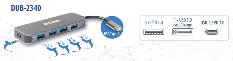 D-Link USB-C-Hub mit 4 USB-3.0-Ports inklusive Ladefunktion Grau