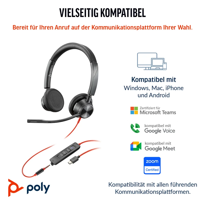 HP Poly Blackwire 3325 USB-C Stereo-Headset +3,5-mm-Stecker +USB-C/A-Adapter Schwarz
