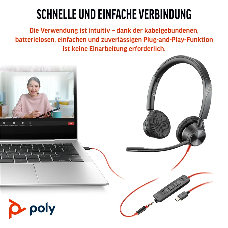 HP Poly Blackwire 3325 USB-C Stereo-Headset +3,5-mm-Stecker +USB-C/A-Adapter Schwarz