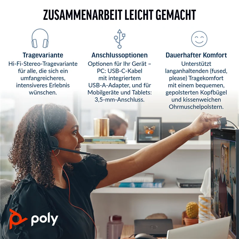 HP Poly Blackwire 3325 USB-C Stereo-Headset +3,5-mm-Stecker +USB-C/A-Adapter Schwarz