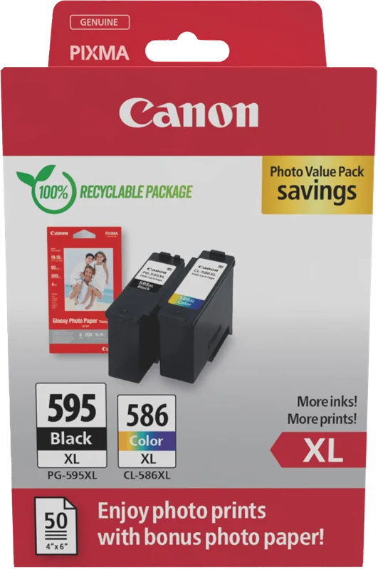 Canon PG-595XL+CL-586XL Schwarz/mehrere Farben Value Pack + Fotopapier 50 Blatt 10x15cm