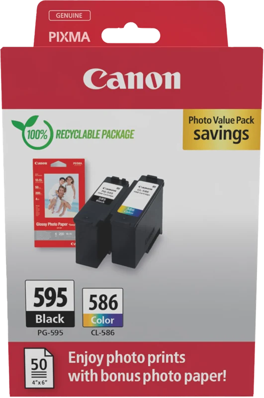 Canon PG-595+CL-586 Schwarz/mehrere Farben/Value Pack + Fotopapier 50 Blatt 10x15cm