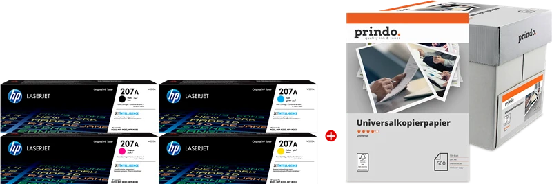 HP 207A Value Pack Schwarz/Cyan/Magenta/Gelb + Prindo Universal Papier