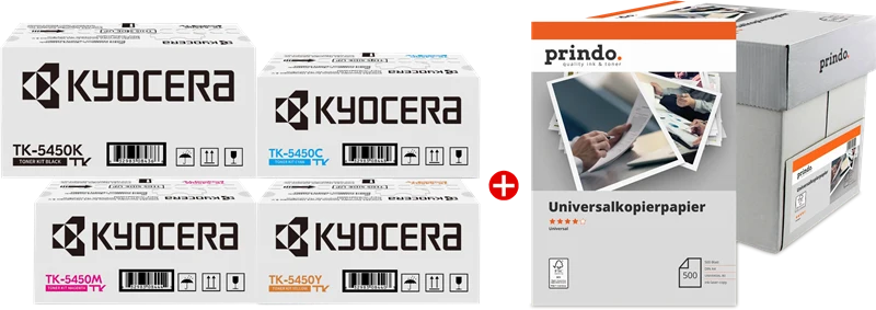 Kyocera TK-5450 Value Pack Schwarz/Cyan/Magenta/Gelb + Prindo Universal Papier