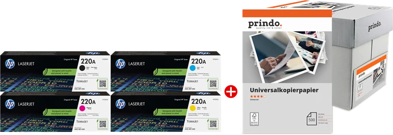 HP 220A Value Pack Schwarz/Cyan/Magenta/Gelb + Prindo Universal Papier