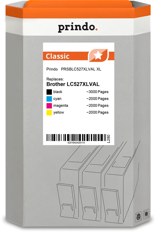 Prindo Classic XL Multipack kompatibel mit Brother LC527XLVAL Multipack Schwarz/Cyan/Magenta/Gelb