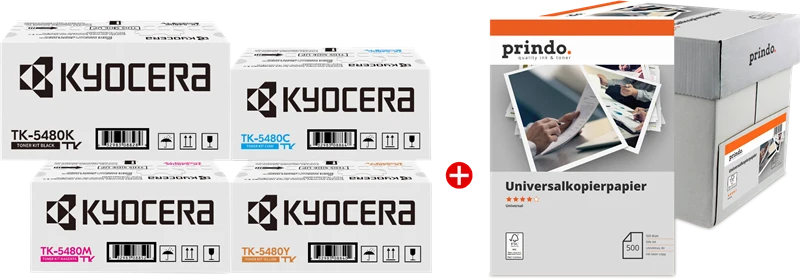 Kyocera TK-5480 Value Pack Schwarz/Cyan/Magenta/Gelb + Prindo Universal Papier