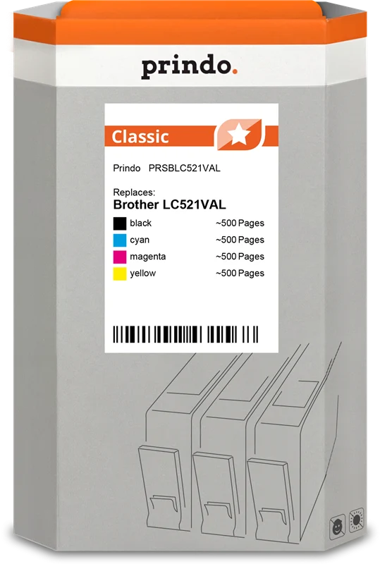 Prindo Classic Multipack kompatibel mit Brother LC521VAL Multipack Schwarz/Cyan/Magenta/Gelb