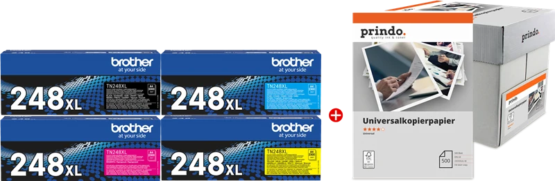 Brother TN-248XL Value Pack Schwarz/Cyan/Magenta/Gelb + Prindo Universal Papier