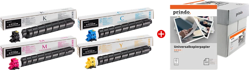 Kyocera TK8525 Value Pack Schwarz/Cyan/Magenta/Gelb + Prindo Universal Papier