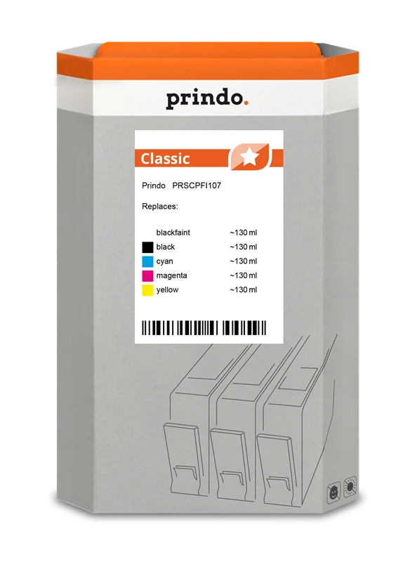 Prindo Classic Multipack kompatibel mit Canon PFI-107 Multipack MattSchwarz/Schwarz/Cyan/Magenta/Gelb