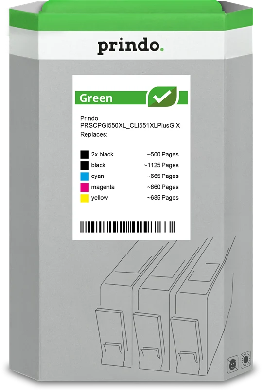 Prindo Green XL Multipack kompatibel mit Canon PGI-550+CLI-551 Multipack Schwarz/Cyan/Magenta/Gelb