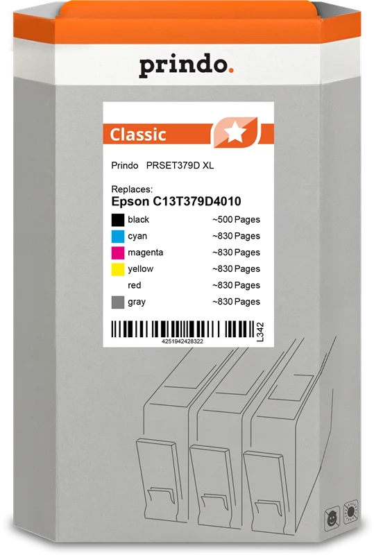 Prindo Classic XL Multipack kompatibel mit Epson 378XL/478XL Multipack Schwarz/Cyan/Magenta/Gelb/Rot/Grau