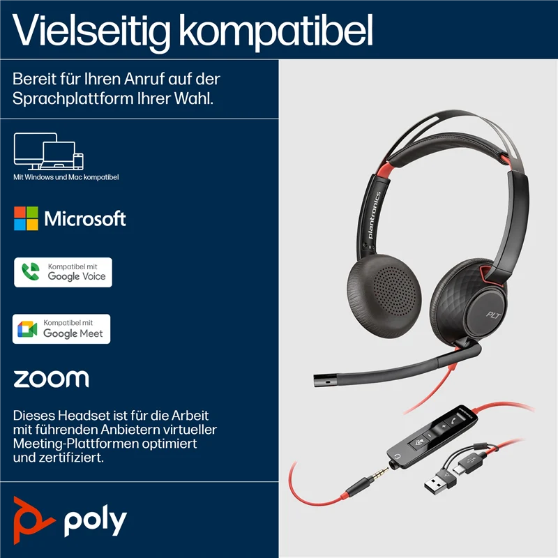 HP Poly Blackwire 5220 USB-C Stereo-Headset + 3.5-mm-Stecker + USB-C/A-Adapter Schwarz