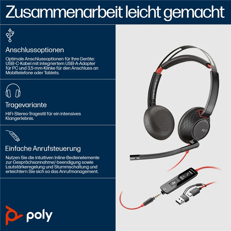 HP Poly Blackwire 5220 USB-C Stereo-Headset + 3.5-mm-Stecker + USB-C/A-Adapter Schwarz