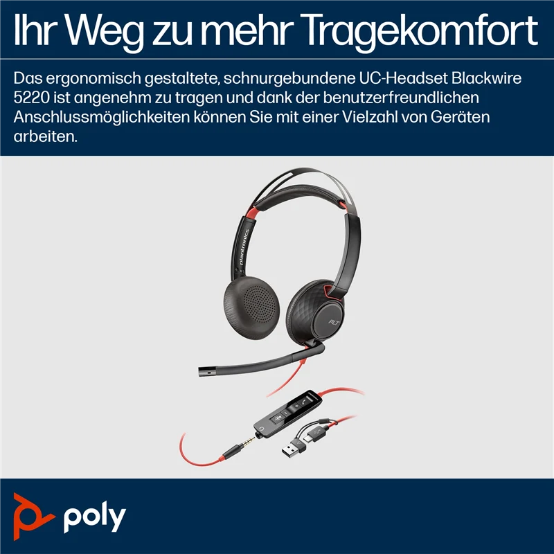HP Poly Blackwire 5220 USB-C Stereo-Headset + 3.5-mm-Stecker + USB-C/A-Adapter Schwarz