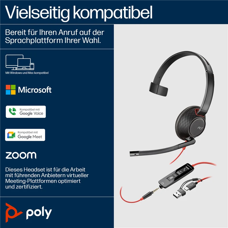HP Poly Blackwire 5210 USB-C Monaural-Headset + 3.5-mm-Stecker + USB-C/A-Adapter Schwarz