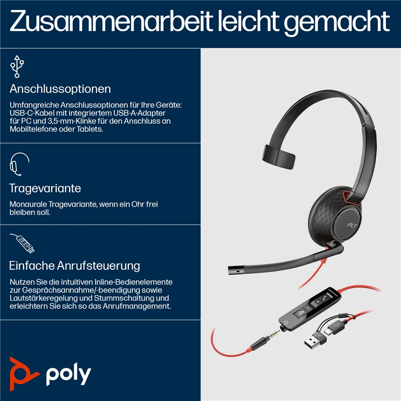 HP Poly Blackwire 5210 USB-C Monaural-Headset + 3.5-mm-Stecker + USB-C/A-Adapter Schwarz