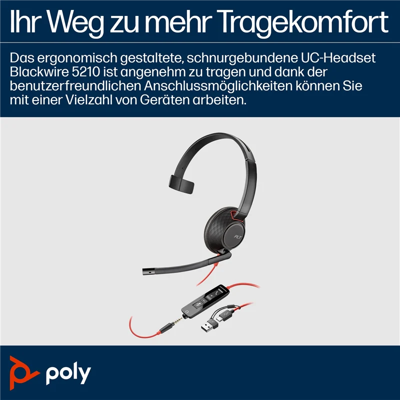 HP Poly Blackwire 5210 USB-C Monaural-Headset + 3.5-mm-Stecker + USB-C/A-Adapter Schwarz