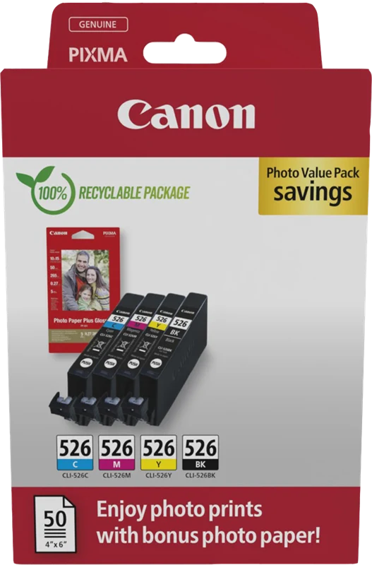 Canon CLI-526 Schwarz/Cyan/Magenta/Gelb Value Pack + 10x15 cm Fotopapier 50 Blatt