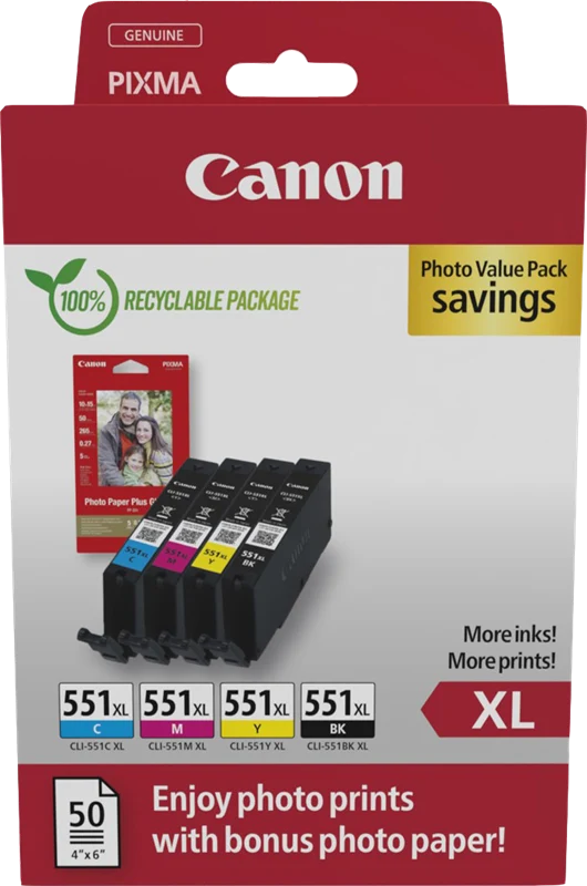 Canon CLI-551 XL Schwarz / Cyan / Magenta / Gelb Value Pack + 10x15 cm Fotopapier 50 Blatt